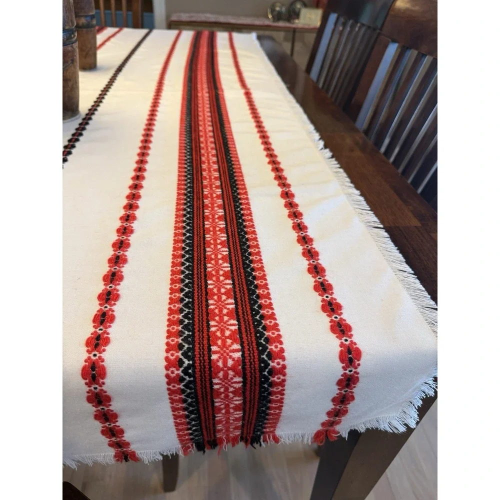 Vintage Ukrainian Woven Tablecloth Red Black Slavic Folk Fringe 44x62 Cotton EUC